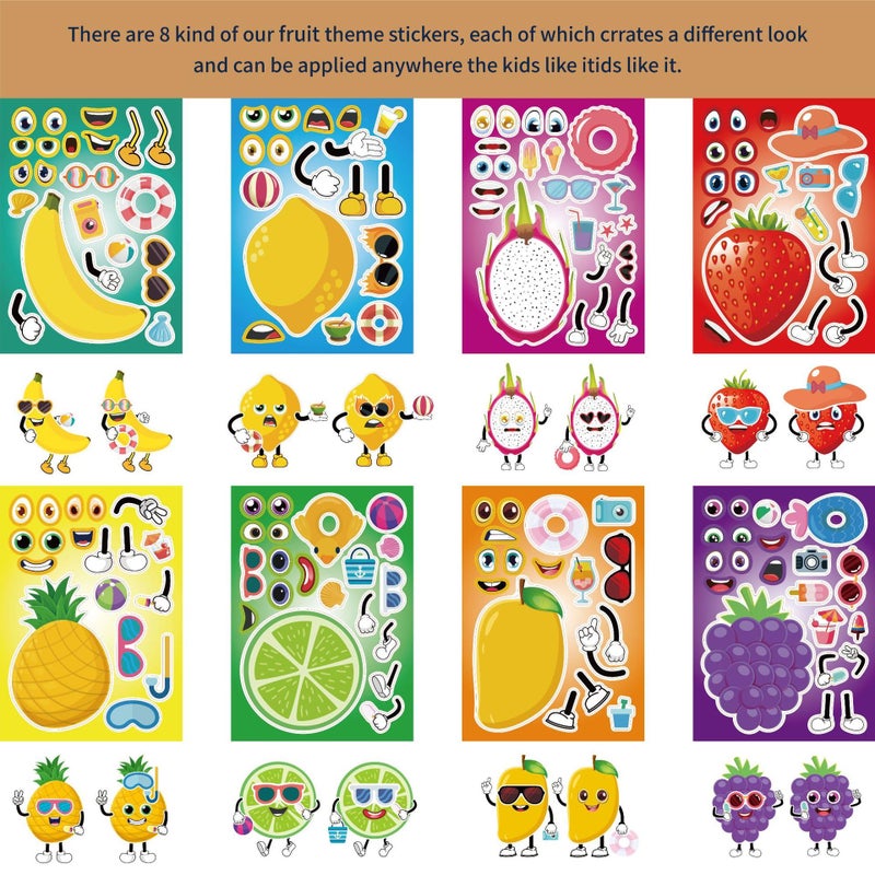 T-Antrix 24 Sheets Make Your Own Fruit Stickers Make A Face Stickers for Kids Toddlers with Cartoon Fruit Summer Hawaii Theme Characters Stickers Kids Party Favor Supplies Crafts - Image 2
